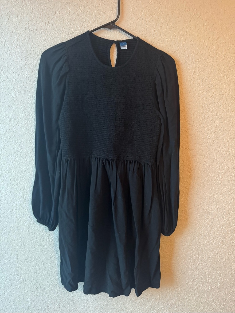 Old Navy Black Long Sleeve Smocked-Waist Babydoll Dress